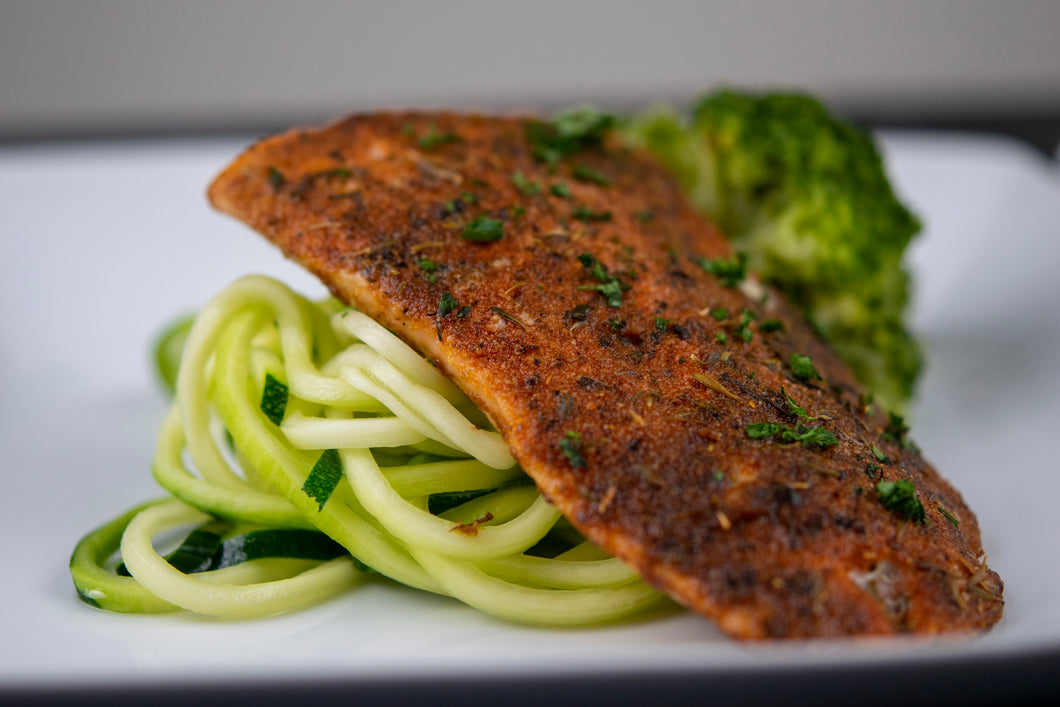 Blackened Salmon with Zucchini Noodles and Broccoli